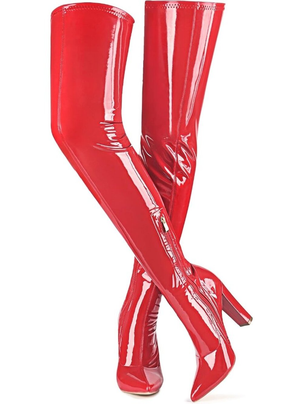 Women's Red Metallic Patent Side Zipper Over-the-Knee Thigh High Heel Gogo Boot